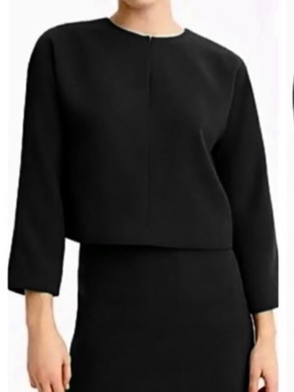NWOT J Crew 365 black long-sleeve crepe top with key hole front slit detail.